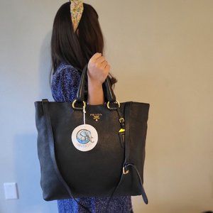SOLD - Prada Black Convertible Shopper Tote Vitello Daino Large with Strap